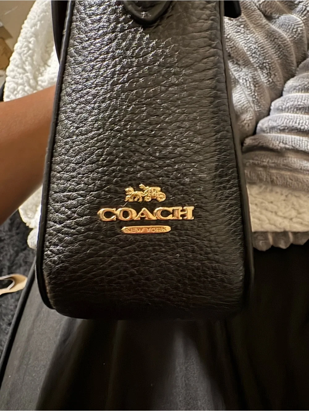 Classic Black Coach Leather Top-Handle Bag with Gold Hardware